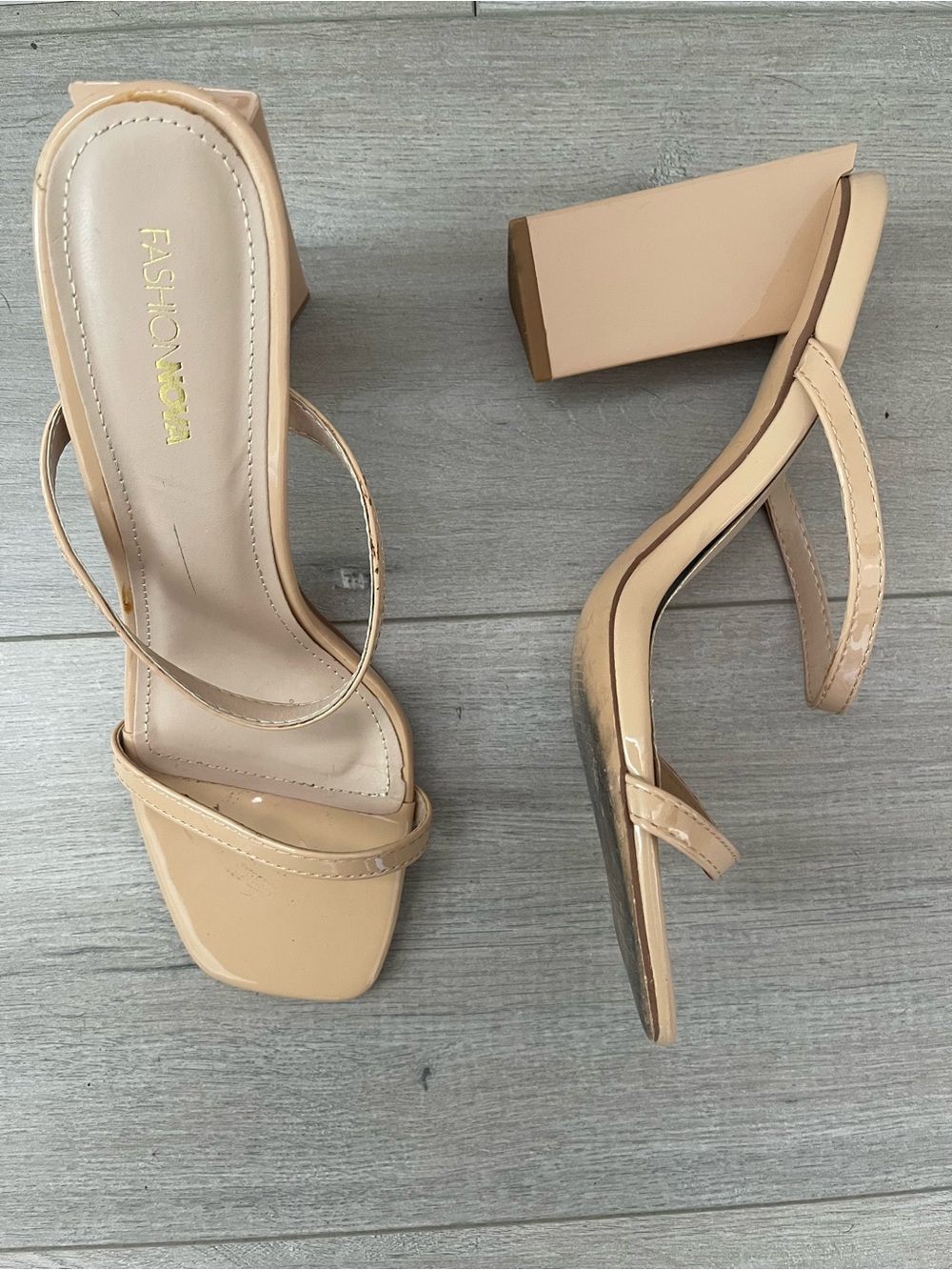 Fashion Nova Beige Patent Block Heel Sandals